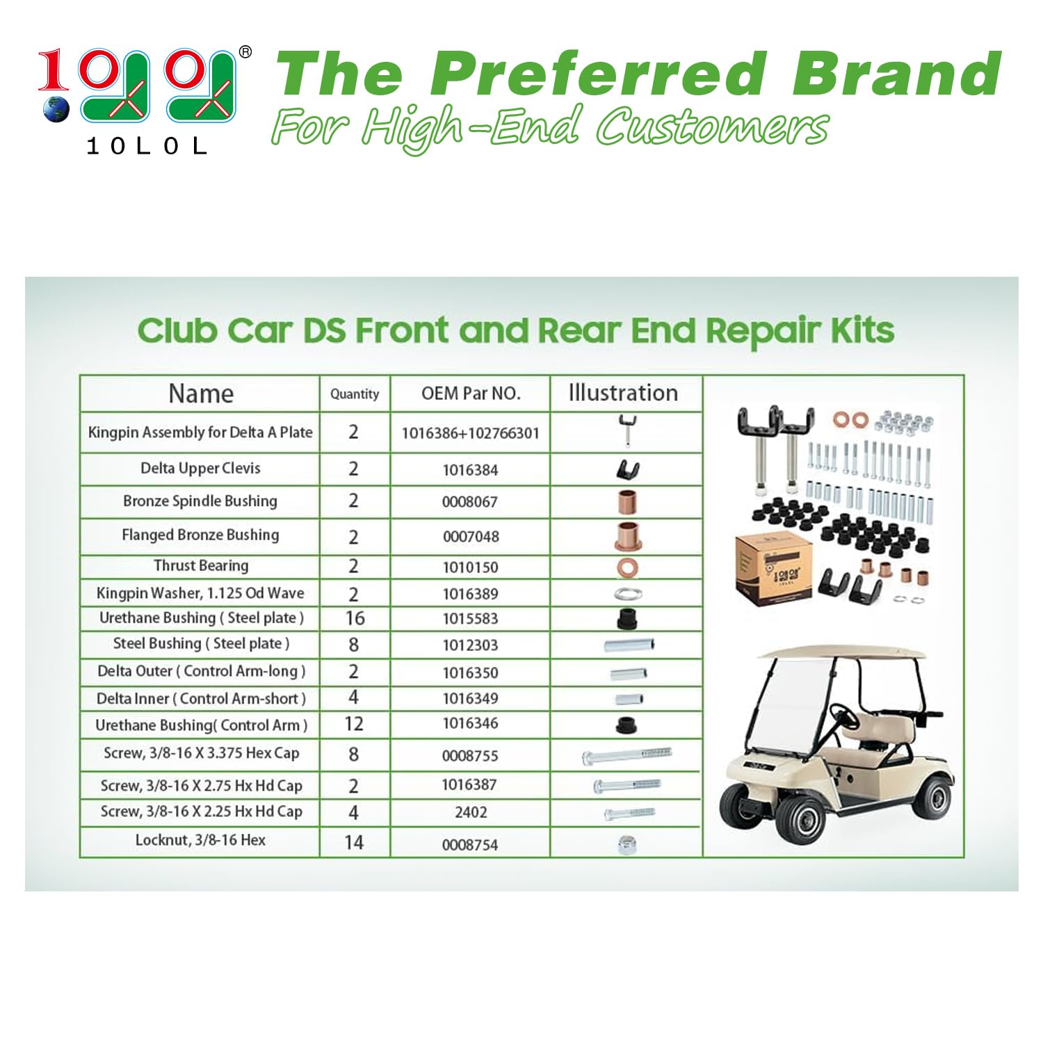 10L0L Kit di boccole di riparazione per carrelli da golf, kit di boccole di riparazione anteriore e posteriore per Club Car DS dal 1993 in poi, kit di sospensione anteriore superiore/inferiore