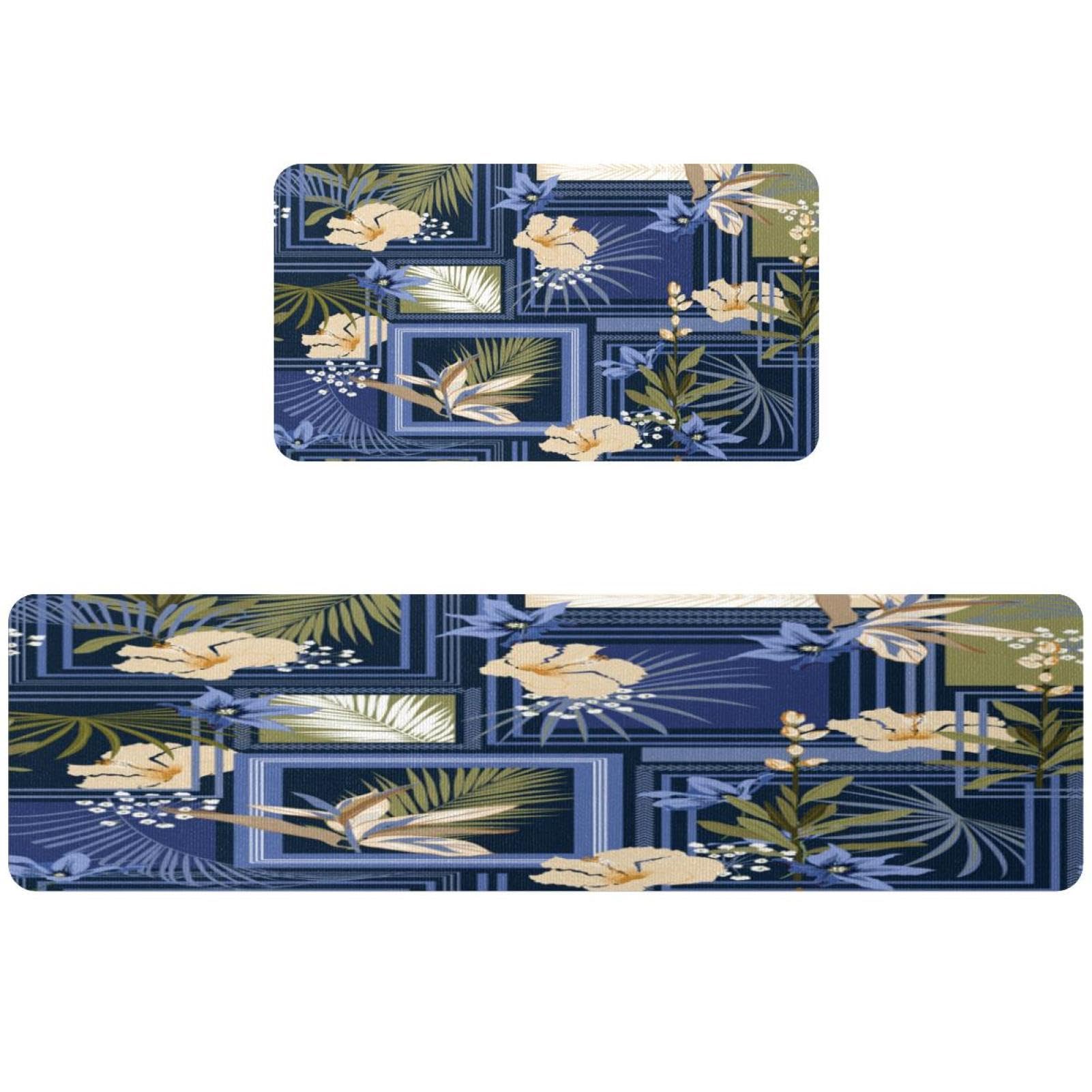 Tapis de cuisine lot de 2 carrés bleus lavables motif fleurs tapis de sol absorbant couloir