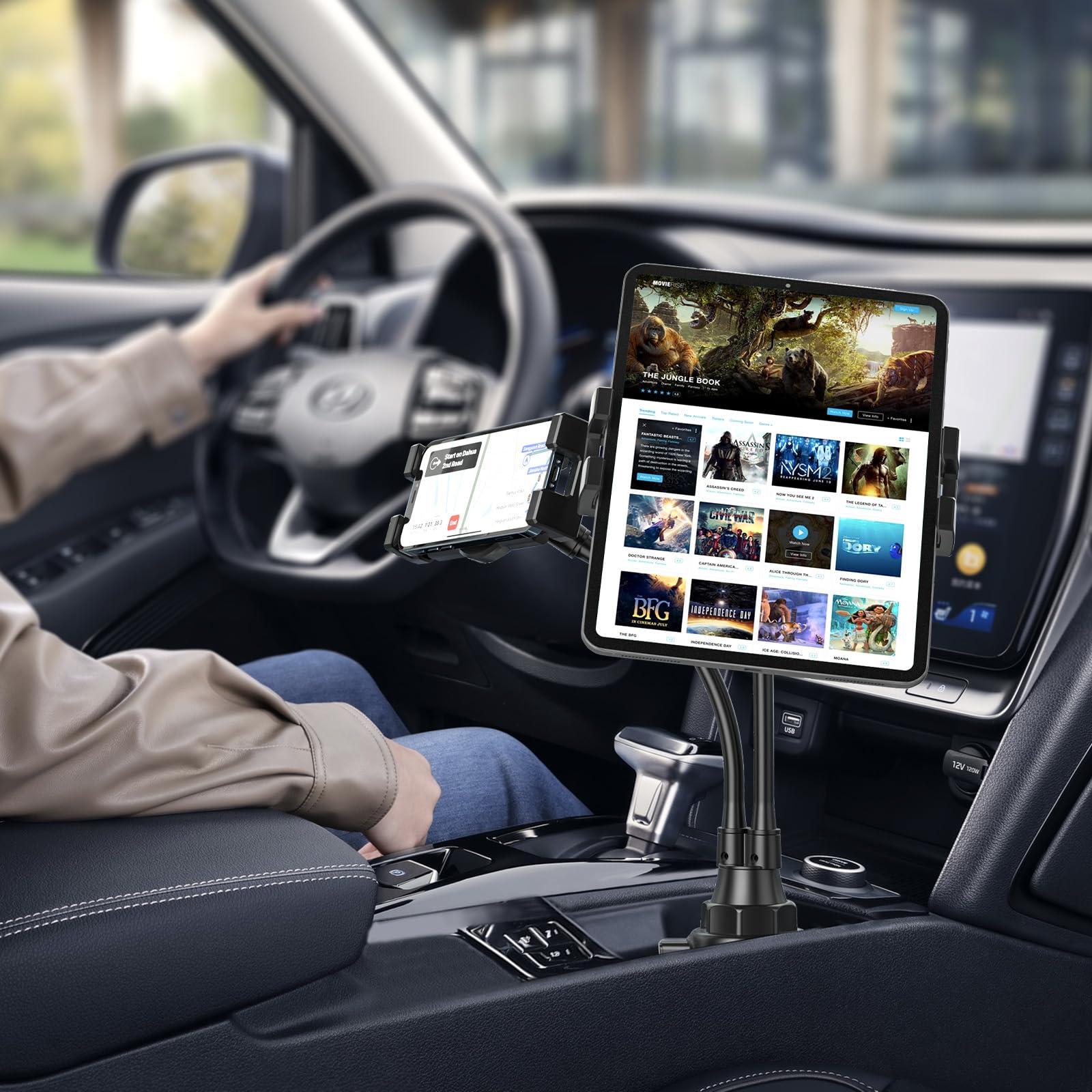 YOOZ Dual Car Tablet Mount for Cup Holder, Gooseneck Car Cupholder Tablet Holder with Strong Long Arm 10
