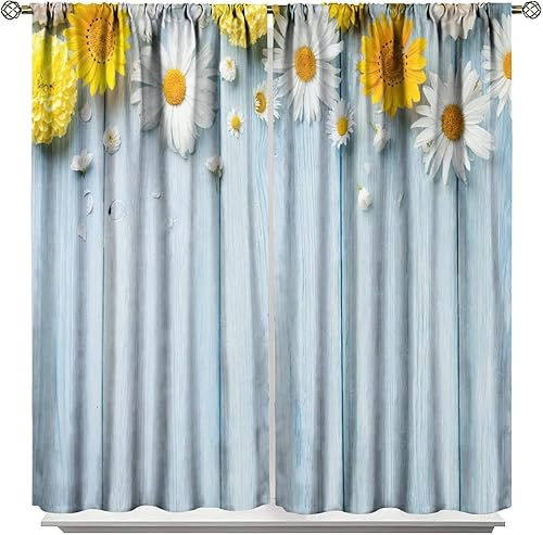 Miniatura 41 de Cortinas rústicas de cocina de granja, margaritas florales de granja de primavera, cortinas opacas de madera retro con bolsillo para barra, cortinas