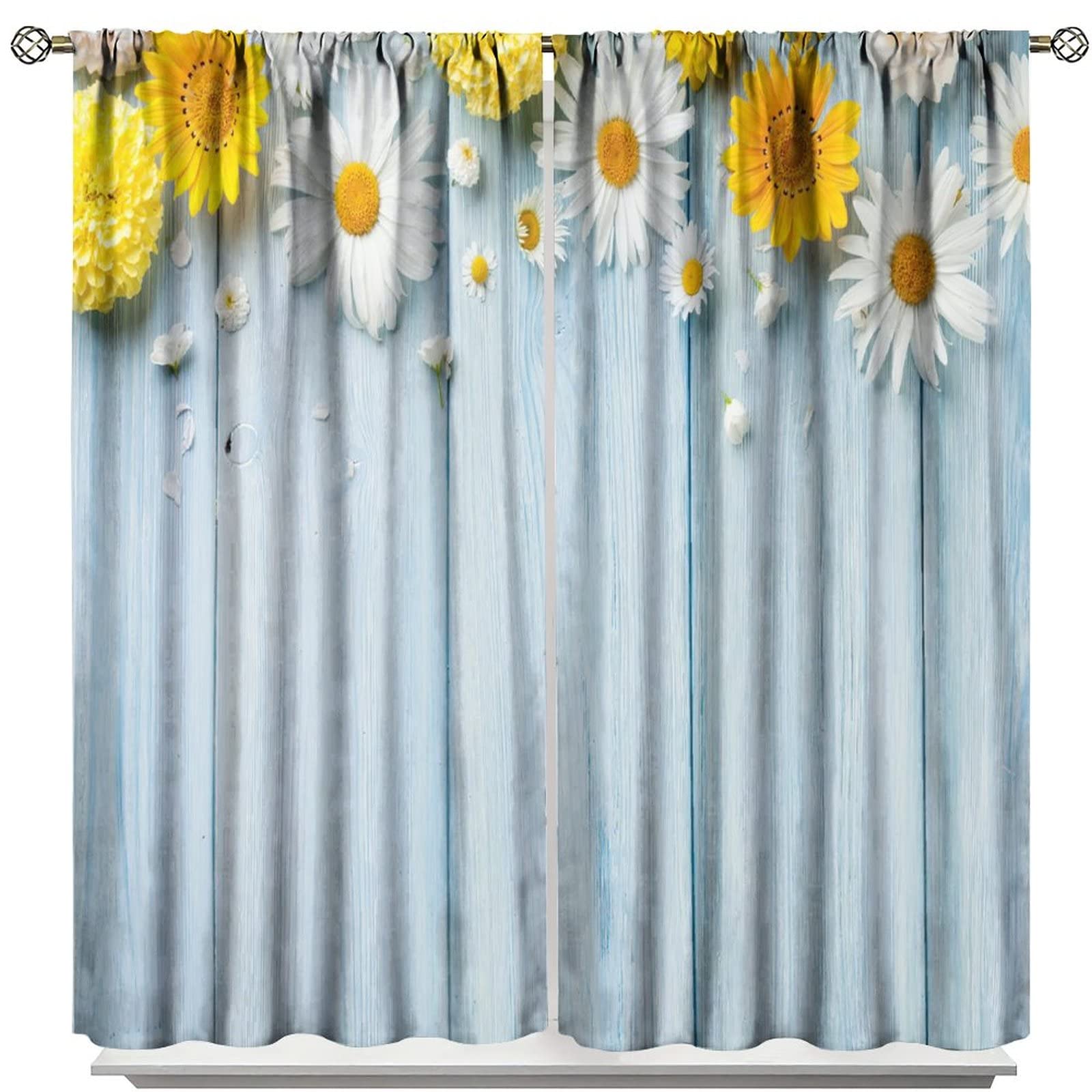 Garden Floral Window Curtains,Rustic Farmhouse Vintage Country Daisy Flowers Wood Plank Style Rod Sleeves Window Drapes for Living Room Bedroom Kitchen Bathroom Decor W72xL63in