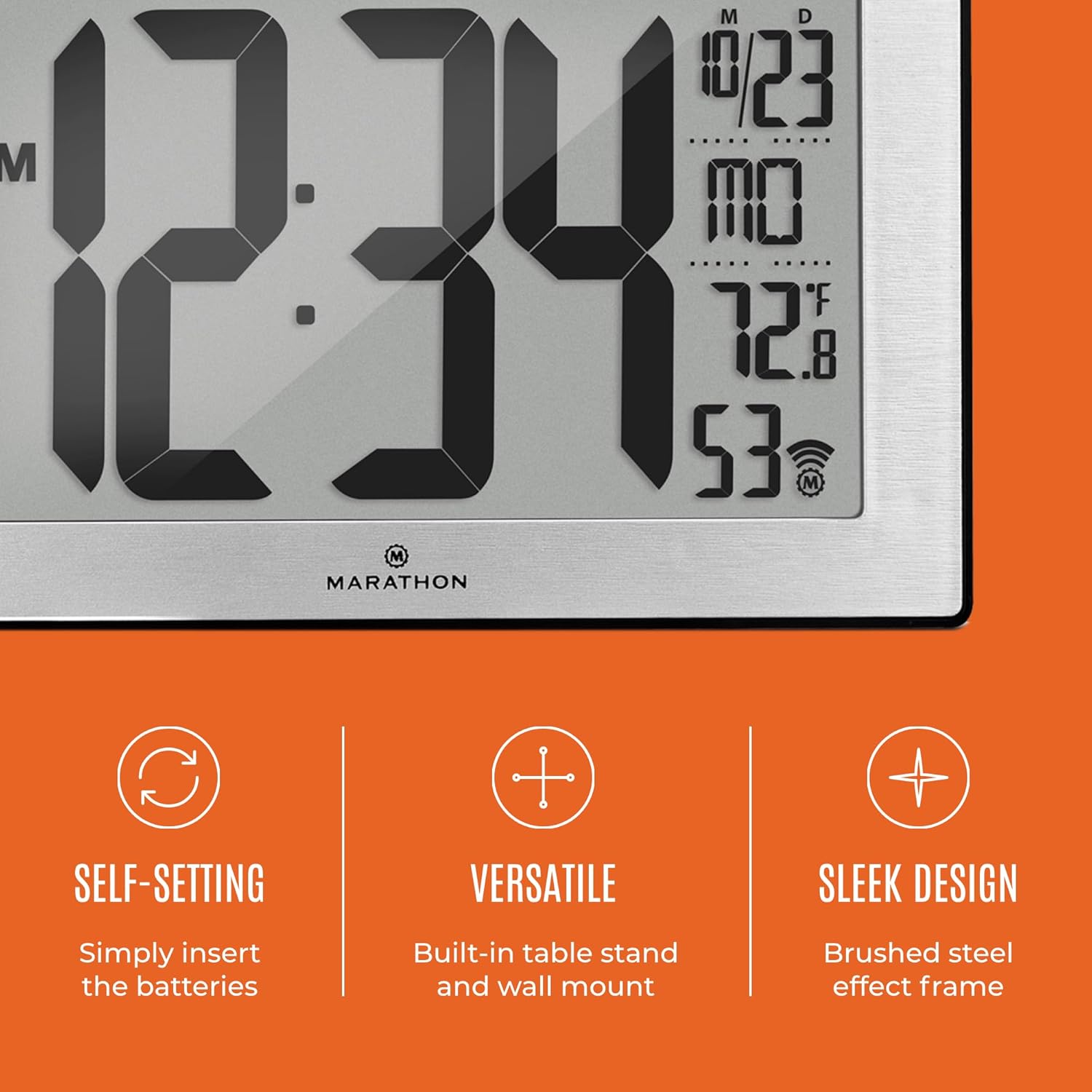 MARATHON CL030068 clock highlighting self-setting, versatile, and sleek design