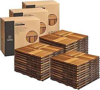 THYOI 30 Pcs Acacia Wood Interlocking Deck Tiles (12" x 12"), Deck Flooring Outdoor Waterproof All Weather, Tiles for Patio, decking Tiles for Indoor and Outdoor use (Golden Teak 12S, 30 Square ft)
