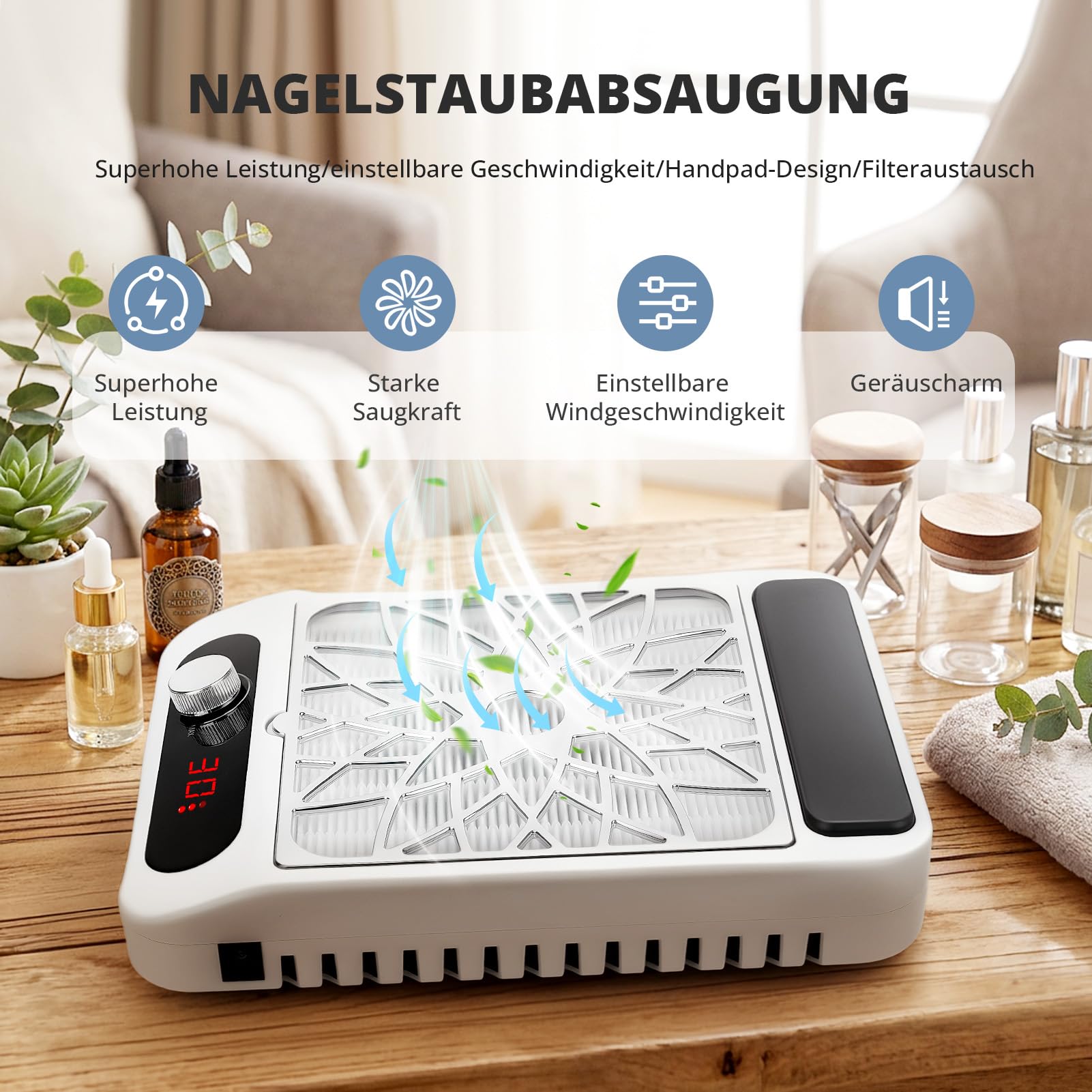 Staubabsaugung für Nägel mit Filter, Nagelstaubsauger Wiederaufladbare mit Akku, Nagelstaubsammler Einstellbare für Nagelstudio, Salon, Nageldesign & Maniküre