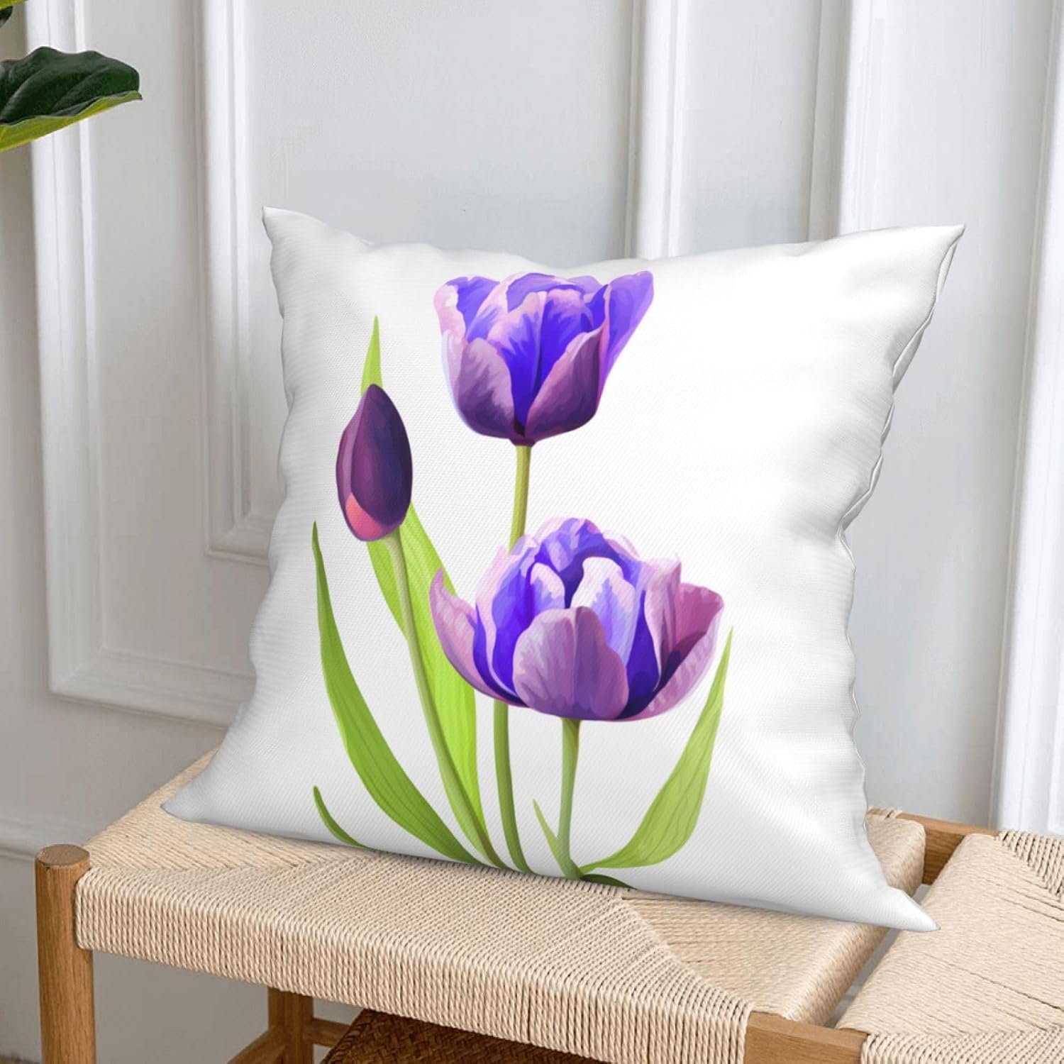 Ouqiuwa Flowers Elegant Tulip Purple Flower Throw Pillow Covers Set of 4 20"X20" Square Decorative Pillowcase Cushion Cover for Bedroom Living Room Car