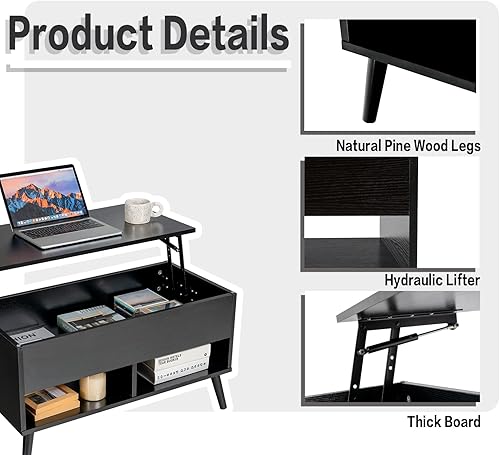 Miniatura 8 de Tangkula Mesa de centro elevable, mesa de comedor de madera con almacenamiento oculto y 2 estantes abiertos, dispositivo de elevación hidráulica de