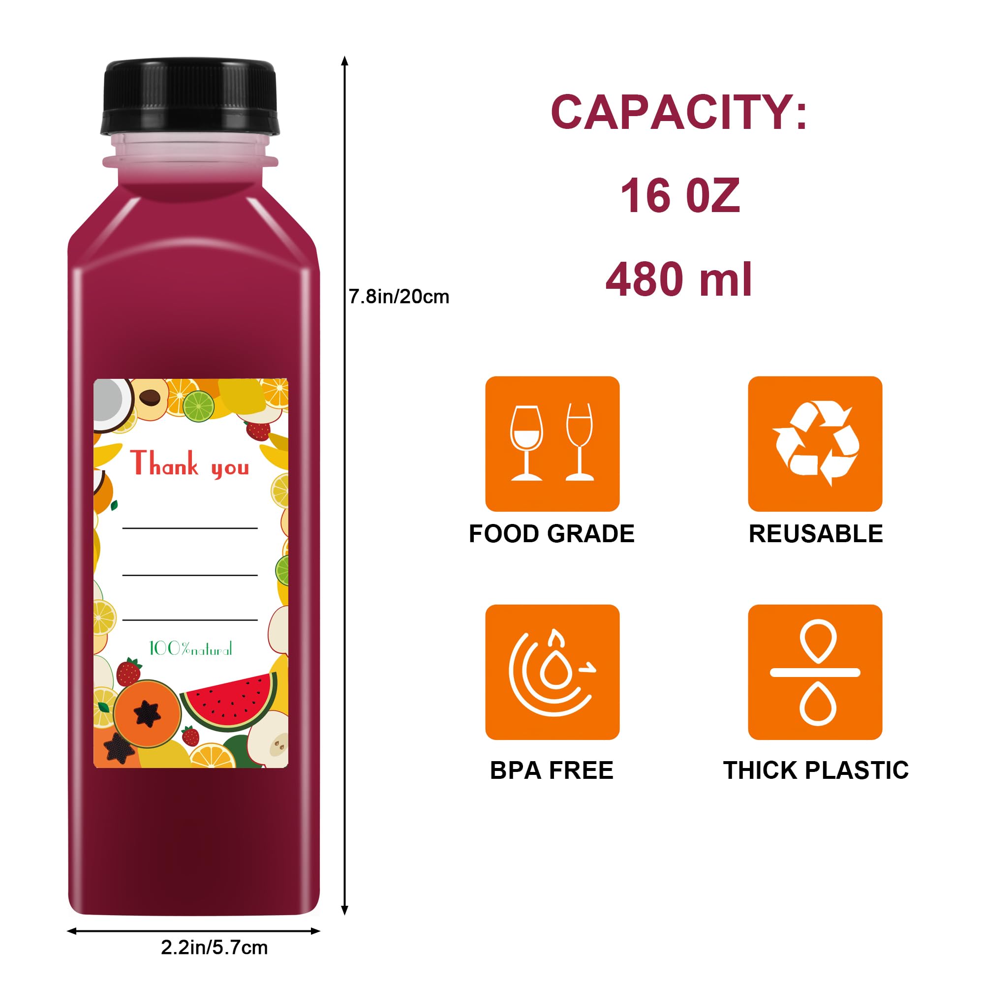 36pcs 16 oz Plastic bottles with lids,Juice bottles with caps, Reusable Clear Bulk Beverage Containers for Juice, Milk and Other Beverages