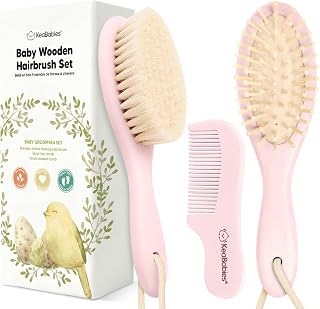 KeaBabies Baby Hair Brush Set: Soft Goat Bristle Wooden Brush & Comb for Newborns, Cradle Cap Relief, Infant Grooming Kit Boys Girls (Blush Oval)
