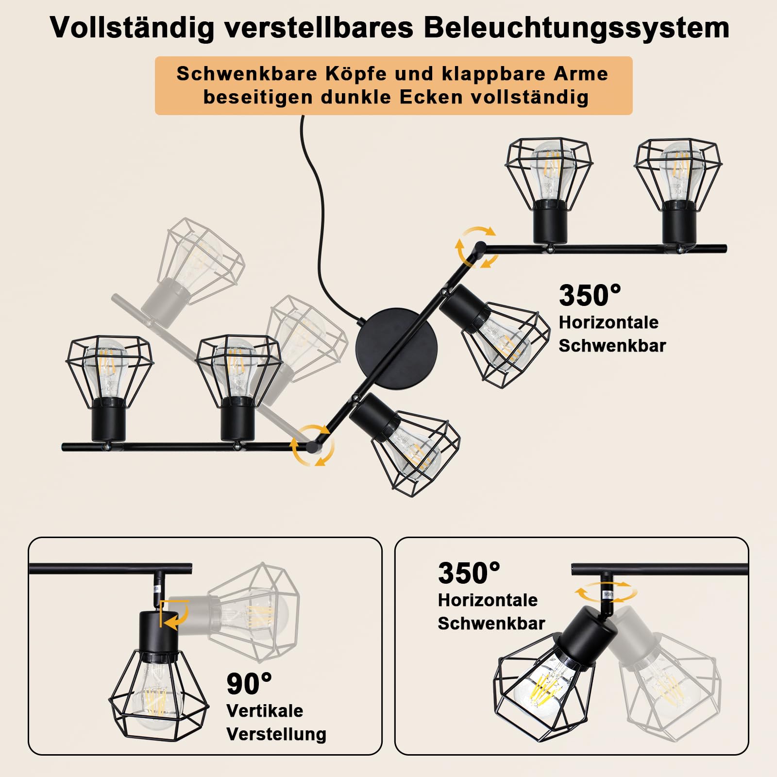 HiBay Deckenstrahler mit Schalter E27 6 Flammig Wandleuchte mit Stecker und Kabel 5M Drehbare 350° Deckenlampe Schwarz Max.60W Ohne Leuchtmittel | Deckenspots mit Kabel 5M Drehbare 350° mit Stecker 230V für Wohnzimmer Schlafzimmer Max. 60W Ohne Leuchtmitt