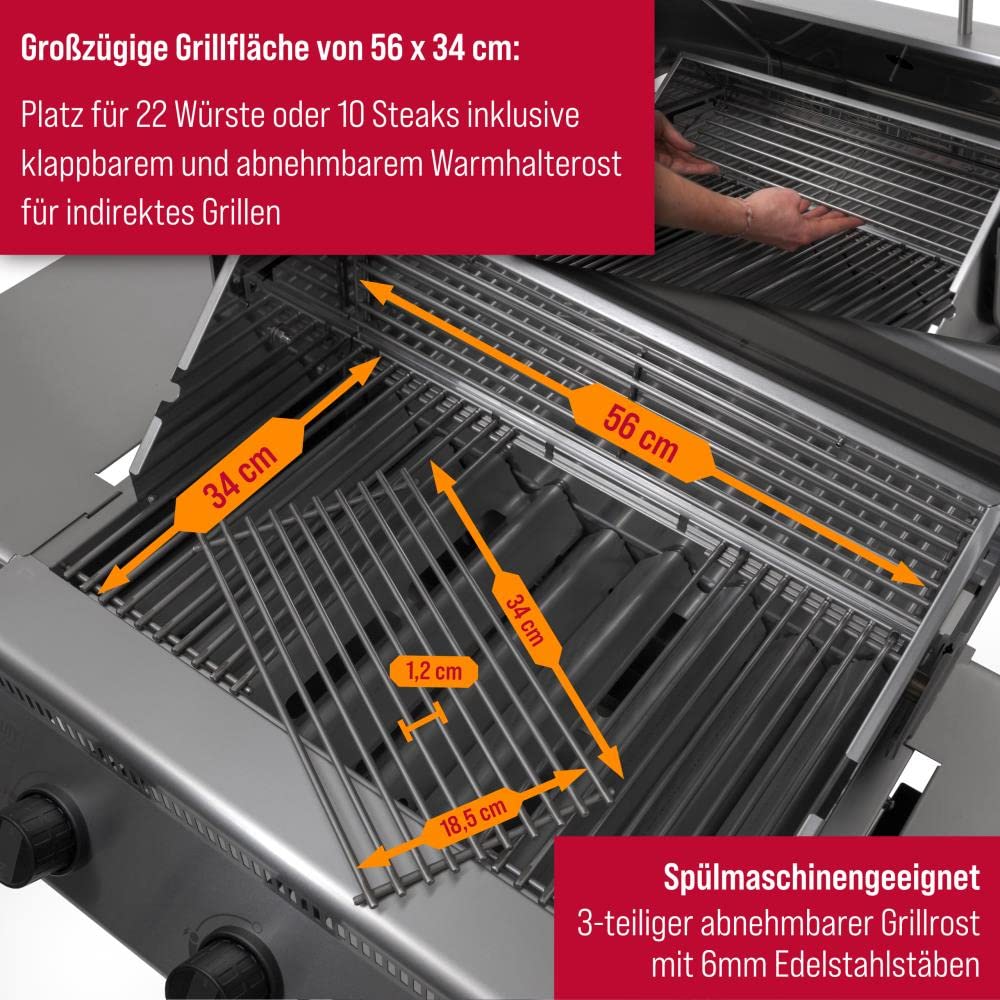 Schickling Gasgrill "Henry L - Classic" Premium BBQ Grillwagen komplett aus Edelstahl mit 3 Brennern & Doppelwandigem Deckel – Made in Germany: 3-teiliger Grillrost | Grillfläche: 55 x 33 cm
