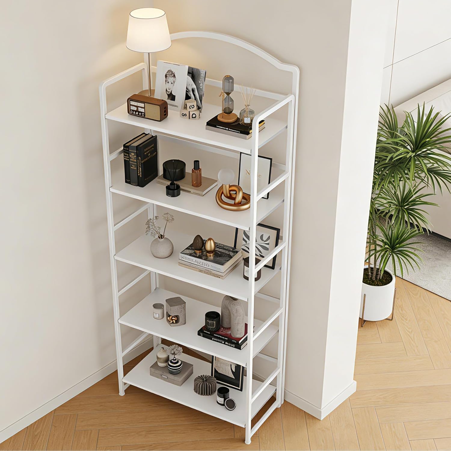 JSB 5 Tier No Assembly Folding Bookshelf, Arched Bookshelf, Foldable Bookcase for Living Room, Bedroom, Office,Skinny Bookshelf (All White)