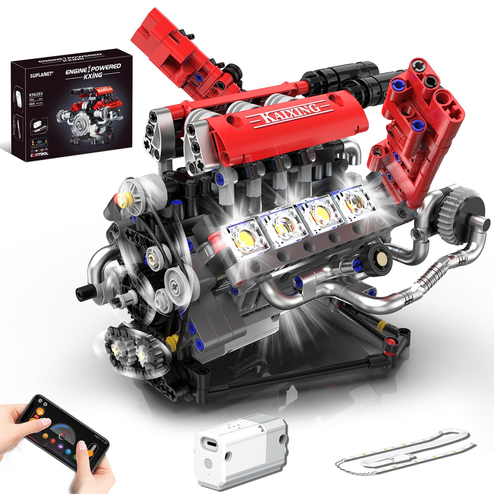 Mini V8 Engine Building Kit That Runs，Engine Building Blocks with LED Light for Adults,Engine Model Set Construction STEM Toy for Kids Boys (660 Pcs)