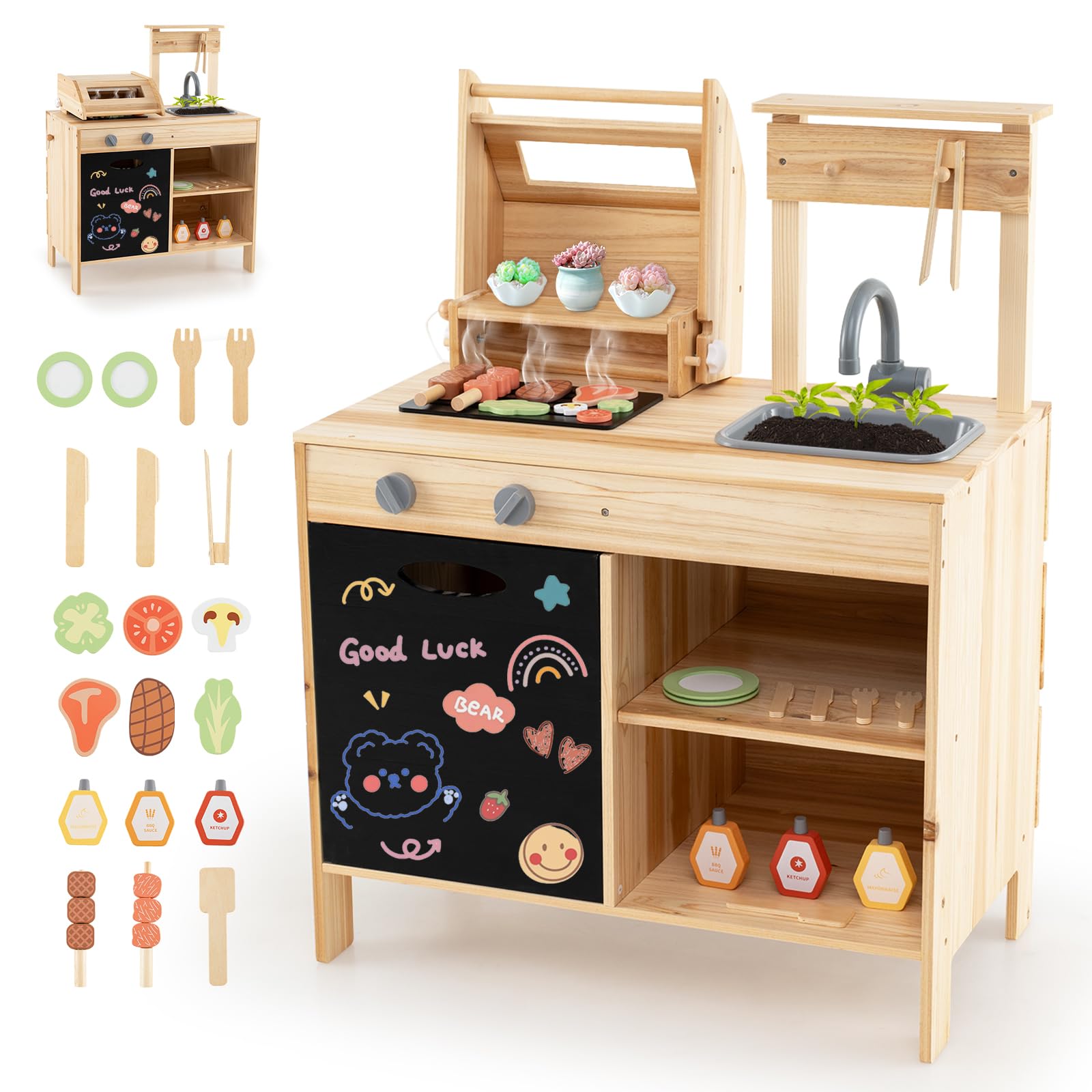 HOMASIS Cuisine extérieure pour Enfants avec Barbecue, Table, évier, Cuisine Jouet avec 27 Accessoires, Ensemble Jouet en Bois de Sapin