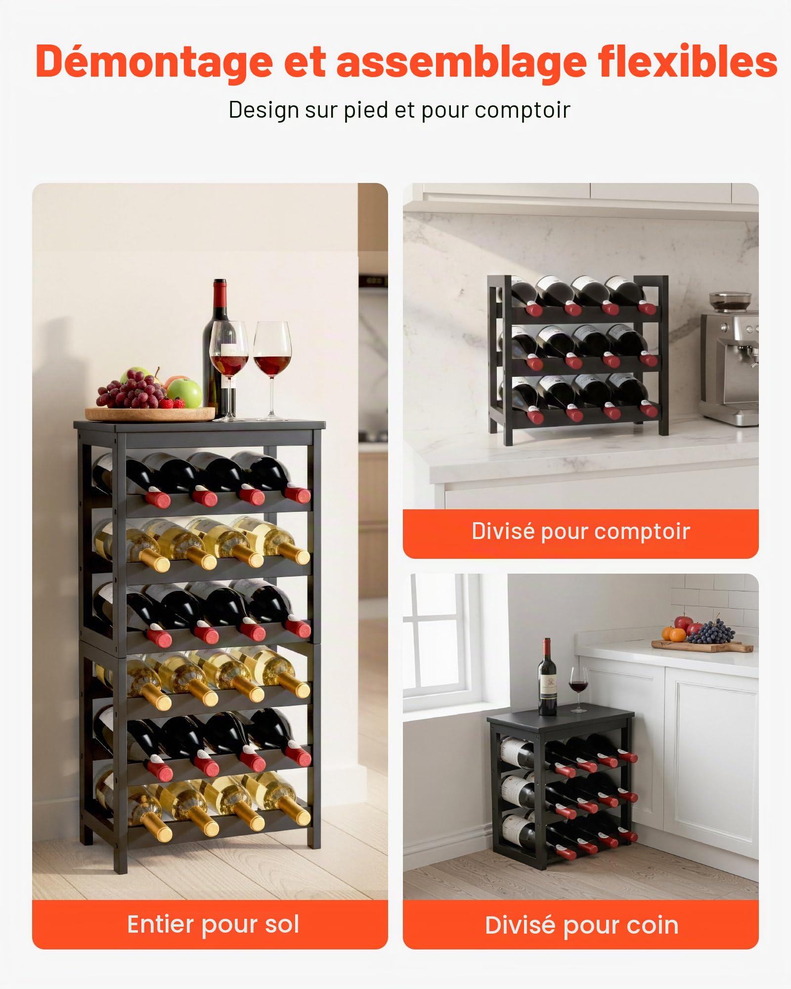 VEVOR Casier à Vin Autoportant Capacité 24 Bouteilles, Range Bouteilles à 6 Niveaux, Étagère à Vin Stable avec Plateau, Rangement Présentation pour Cuisine Garde-Manger Salle à Manger Cave Bar, Noir