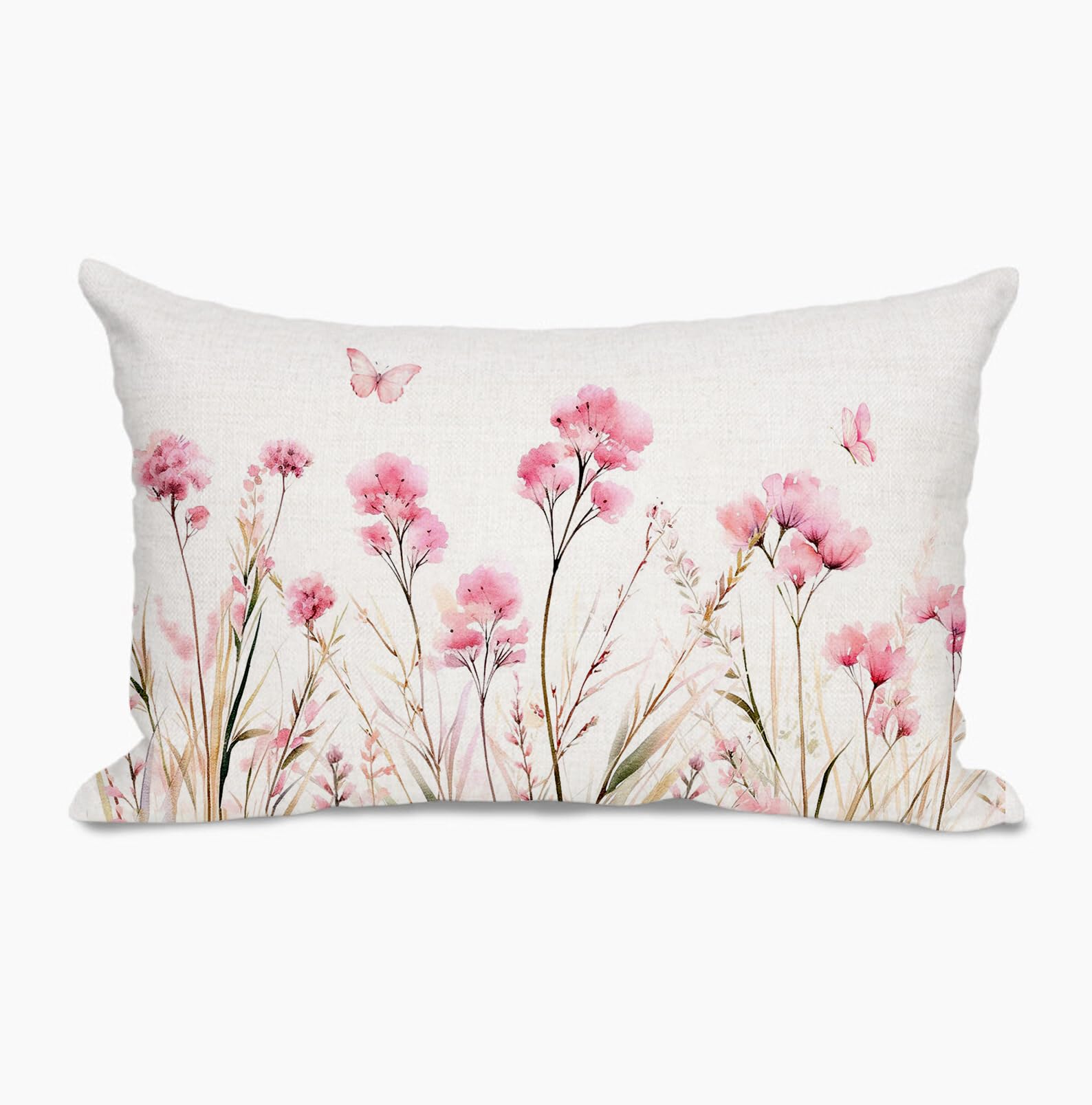 AOFANGGO Spring Summer Pillow Cover 12x20 Inch Floral Pink Flowers and Butterfies Decorations Seasonal Farmhouse Living Room Outdoor Cushion Case for
