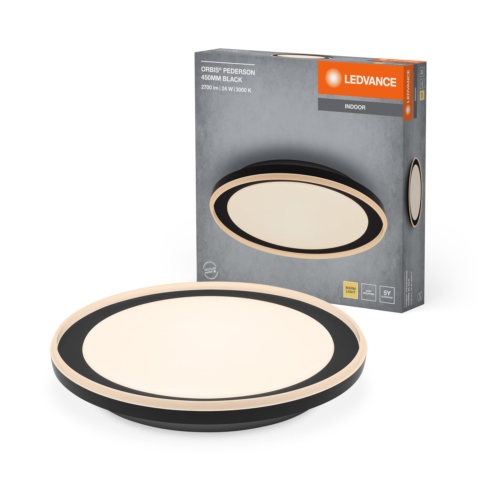 LEDVANCE ORBIS Pederson LED-Deckenleuchte mit Plastikring, schwarz, 24W, 1450lm, 3000K, 830 freundliches Warmweiß, 450mm Durchmesser, IP20 Schutz, Montageschrauben und Dübel inklusive
