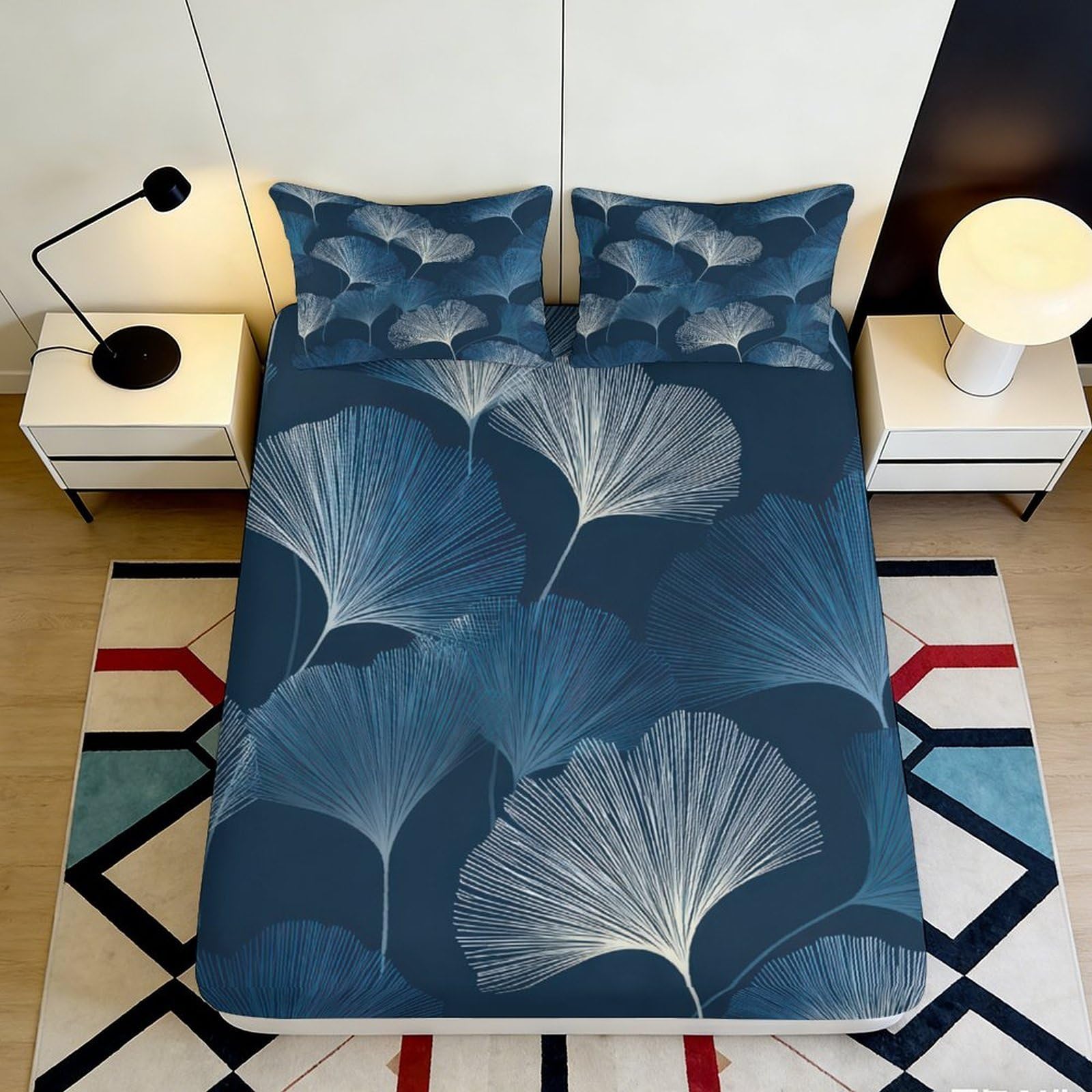 3D Printed Blue Ginkgo Leaf Fitted Sheet Microfiber Soft Decorative Silver Botanical Bed Cover for Bedroom Dorm Home 90x200x25cm