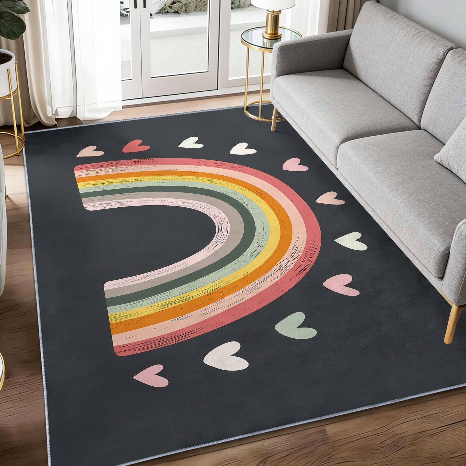 Tapis poils courts arc-en-ciel anti-glisse pour chambre et salon