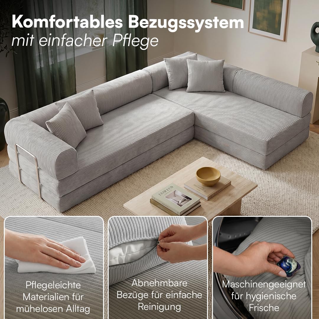 skølm Lofn Ecksofa 4 Sitzer – Wohnlandschaft L-Form Cord – Klappsofa 300cm breit Hellgrau – ausklappbar zum Schlafsofa/Bodensofa – Vollschaumcouch Boneless mit 4 Kissen & Stahlgestell vakuumverpackt