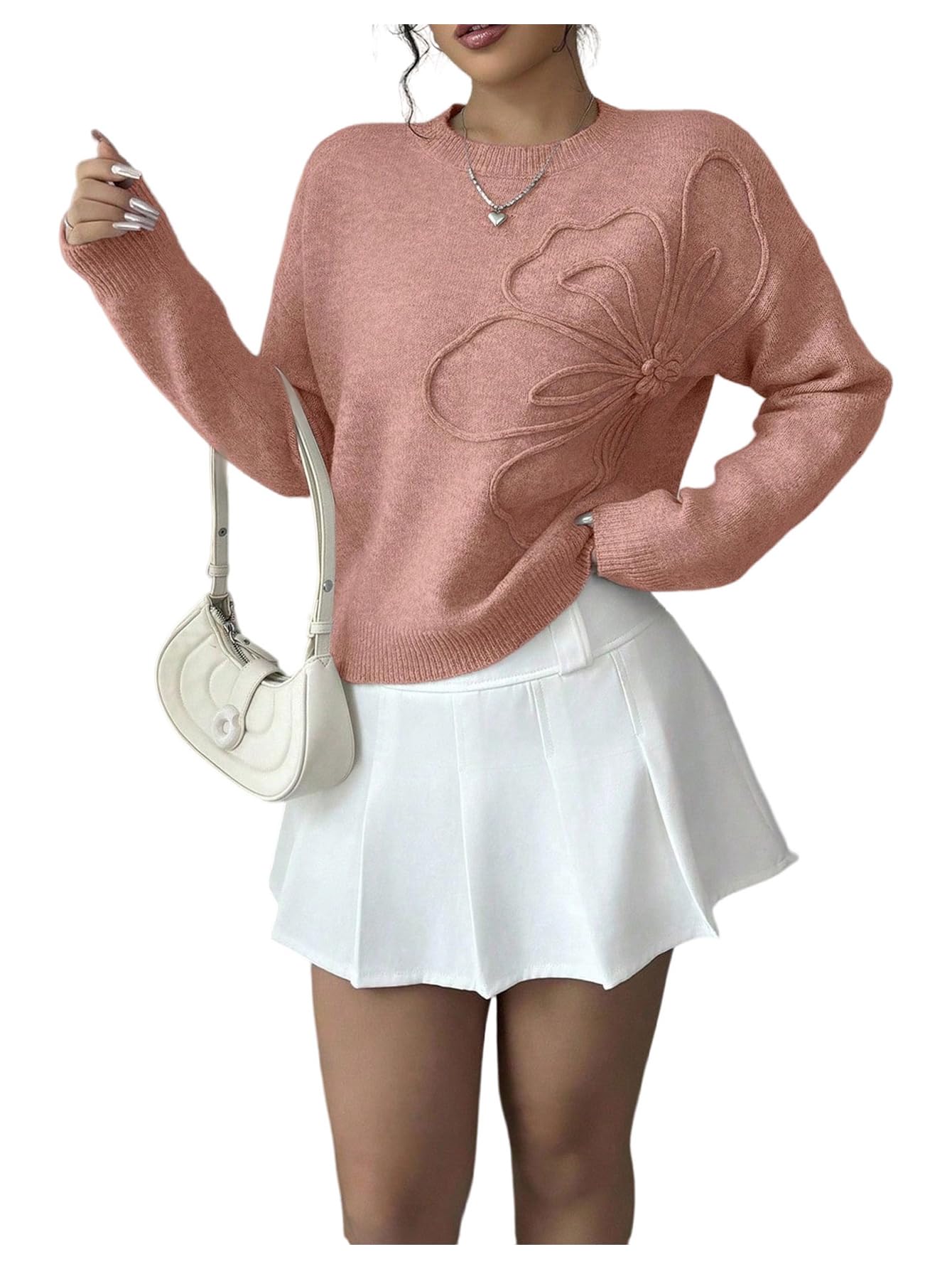 Womens 3D Floral Appliques Crewneck Sweaters Long Sleeve Drop Shoulder Pullovers Elegant Knit Tops