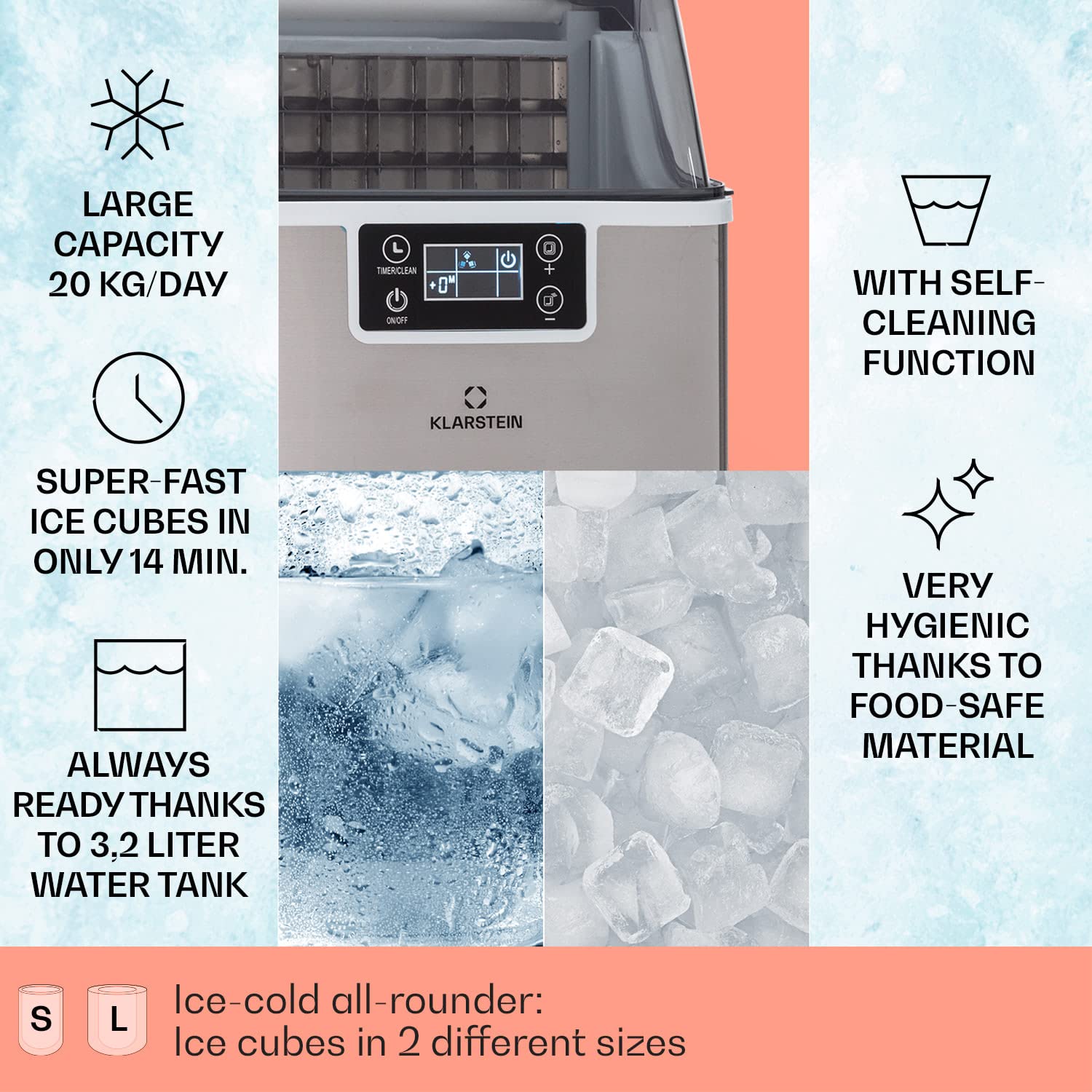 KLARSTEIN IceCraft IJsblokjesmachine - 12kg/24h, ijsblokjes in 6 minuten, 2 maten, automatische reiniging, eenvoudige bediening, modern design, kleine ijsblokjesmachine voor thuis, bar, keuken - zwart