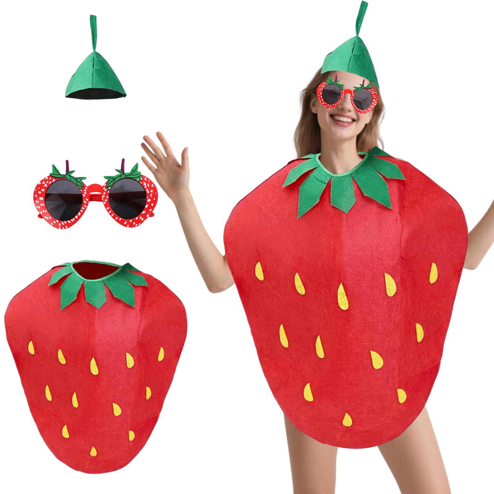 Plkjiu 3Pcs Strawberry Costume Set for Adults - Funny Fruit Fancy Dress with Hat, Dress & Glasses, Perfect Halloween Costumes Adult Women for Themed Parties & Cosplay