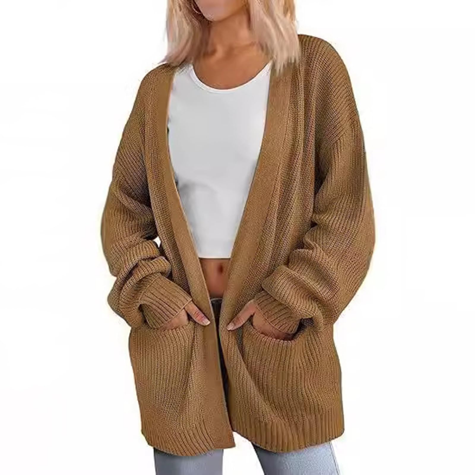 Cardigan Sweaters for Women Oversized Knit Casual Long Sleeve Ribbed Knit Outerwear with Pockets