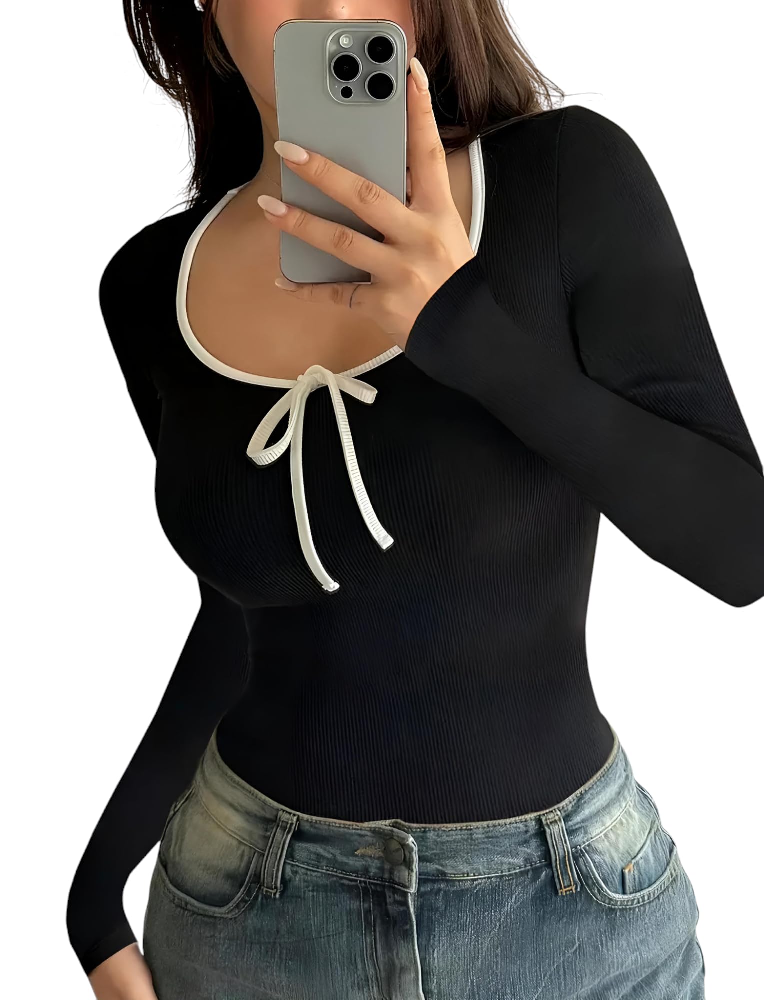 PERFETTE WOLLOBlack Slim Fit Scoop Neck Top, Long Sleeves Top for Women,Front Knot Top