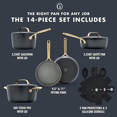 Miniatura 4 de GreenPan GP5 - Juego de ollas y sartenes de 14 piezas, cerámica anodizada dura, antiadherente, sin PFAS, asas de champán, calibre pesado, superficie