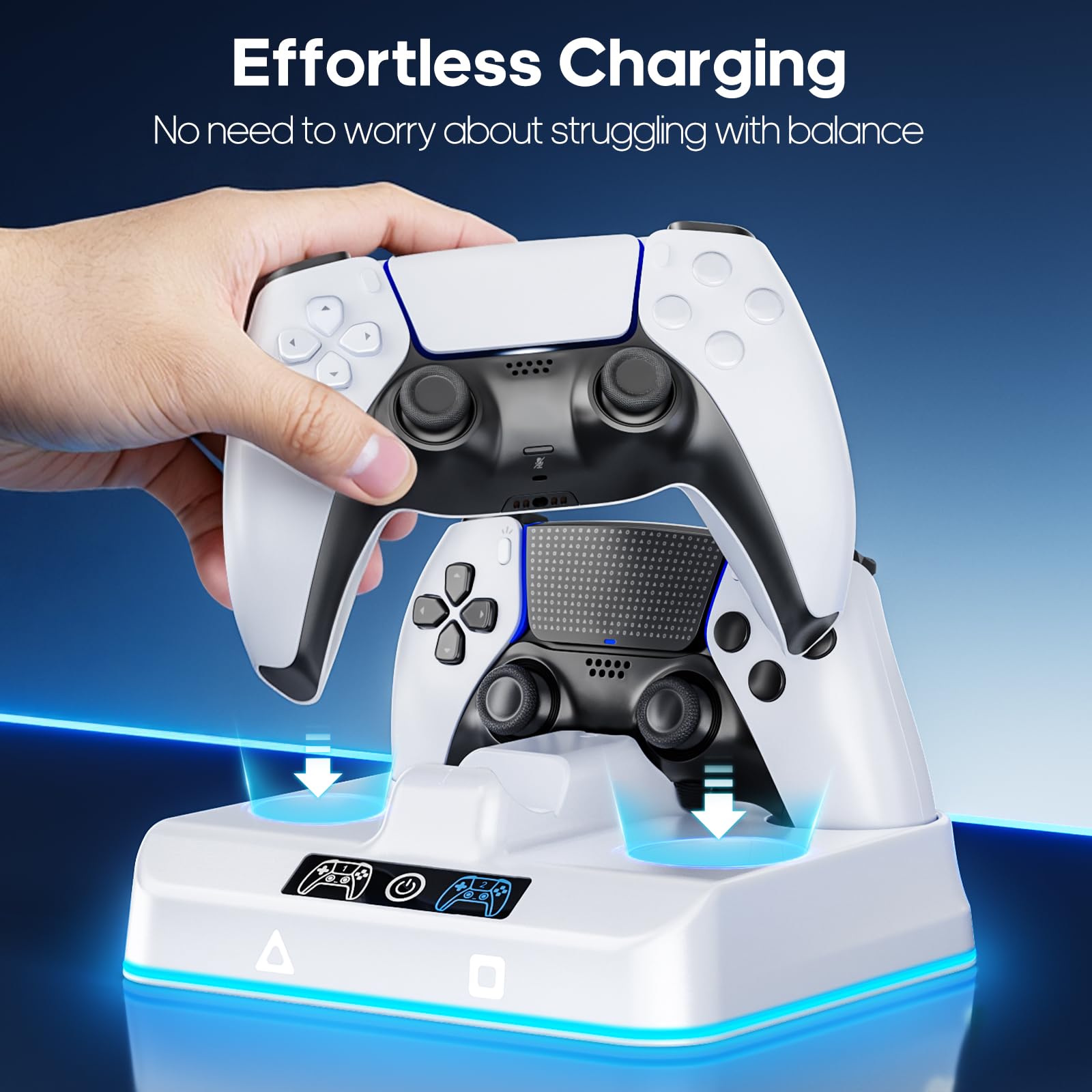 Supporto di Ricarica per PS5 Compatibile con P5 DualSense & Edge, Caricatore Joystick PS5 con 9 Luci RGB, Base di Ricarica per Dual Controller PS5, Accessorio PS5 Supporto con Cavo di Ricarica