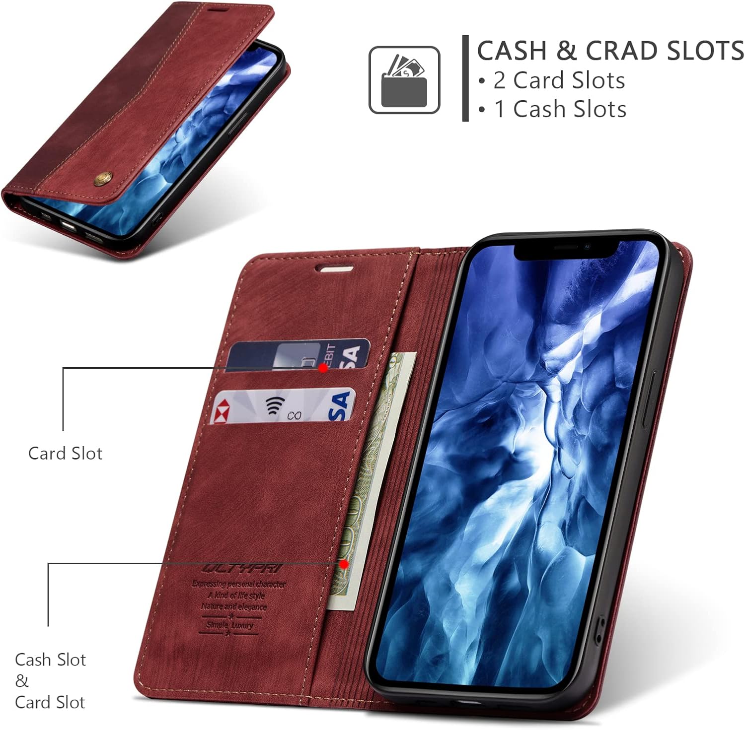 QLTYPRI Wallet Case for iPhone 12/12 Pro, Vintage Folio PU Leather Case with Card Slots Magnetic Closure Kickstand Flip Shockproof Phone Cover for iPhone 12/12 Pro - Wine Red - Image 2