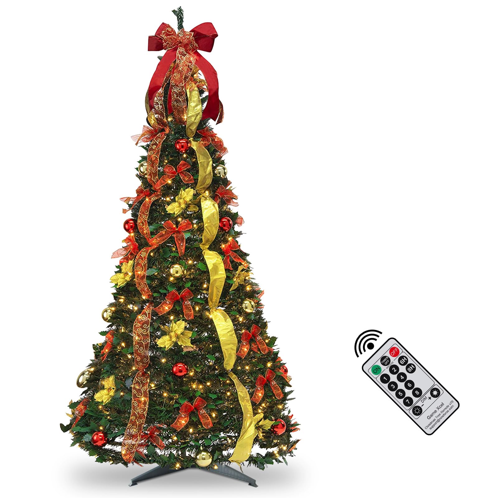 6.5FT Pop Up Christmas Tree with Lights and Decorations & Remote & Timer, Prelit Fully Decorated Pull Up Artificial Christmas Tree with Christmas Ball Ornaments Bows Ribbons for Christmas Party Decor