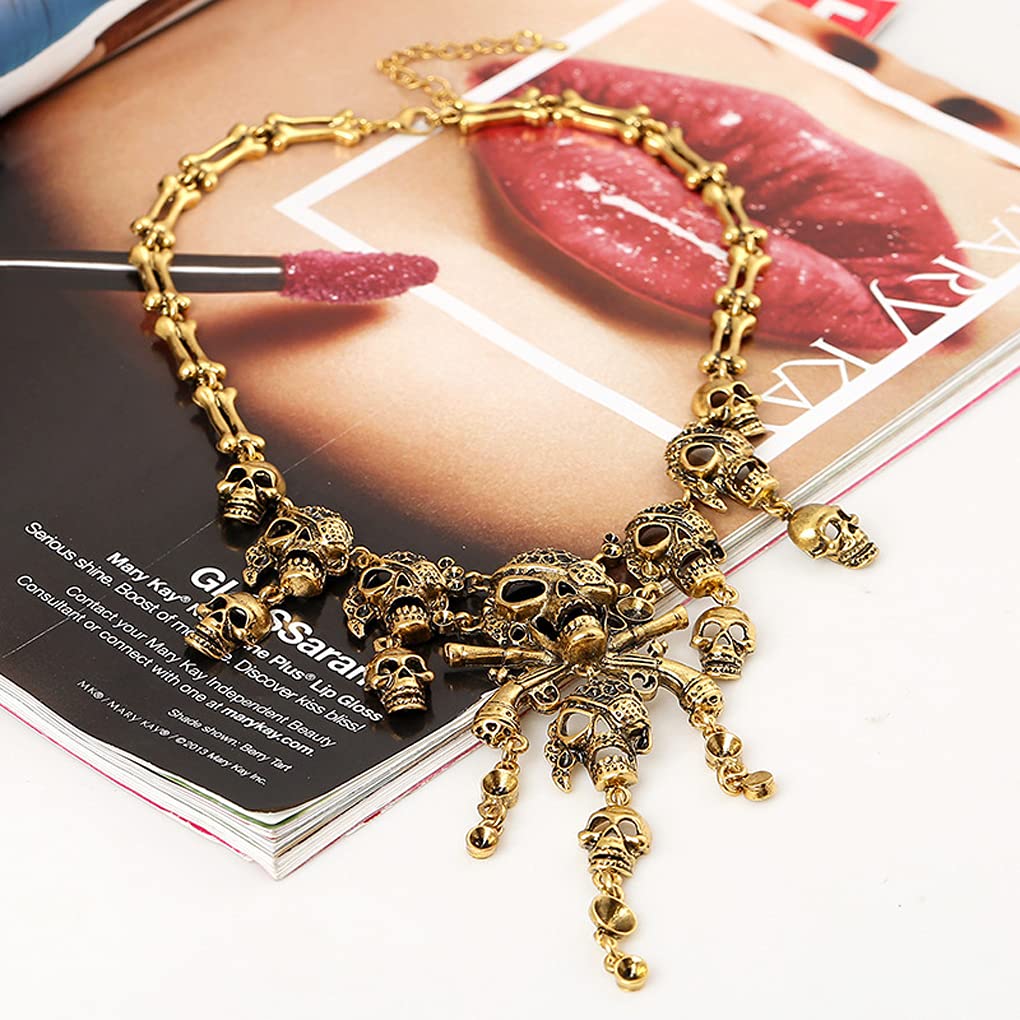 YJZQ Vintage Halloween Skull Bone Necklace Jewellery Women Pirate Cosplay Fancy Dress Costume Accessory, Golden A - Image 3