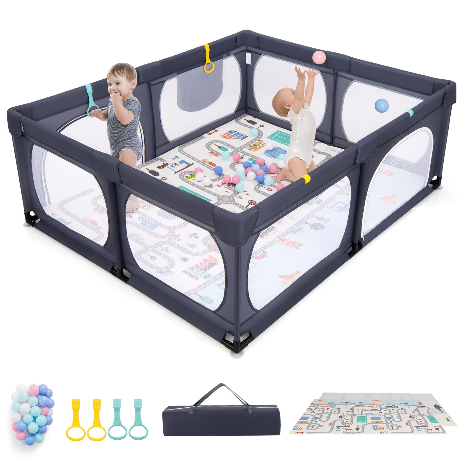 DREAMADE Laufstall Baby, 189 x 158 cm Laufgitter mit Matratze & 4 Zugringen & 50 Ocean Bällen & Tragetasche, Großes Schutzgitter für Baby & Kleinkinder 0-3 Jahren (mit Matratze,Dunkelgrau)
