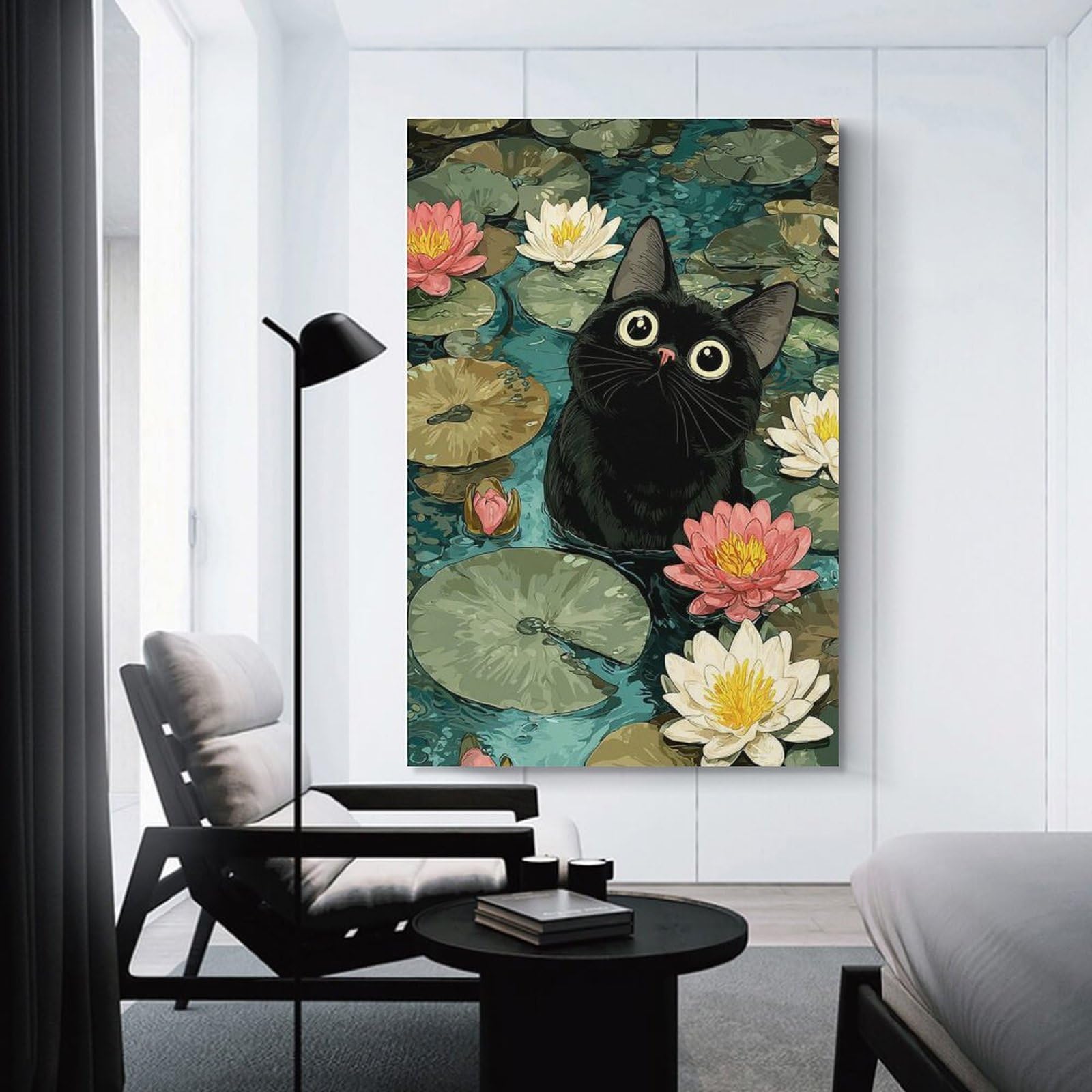 Junmoney Canvas Art Print Black Cat in Lily Pond Illustration, 16x24inch(40x60cm), for Office, Study Or Home Workspace, Decorative Artwork for Productive Spaces