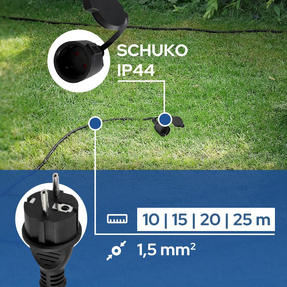 Rallonge Électrique Extérieure 10m IP44 3×1,5 mm² 2000W Noir - Câble Prolongateur Étanche avec Fiche Uni-Schuko et Prise Type F avec Clapet - Rallonge pour Tondeuse, Jardin, Chantier - Horoz Electric
