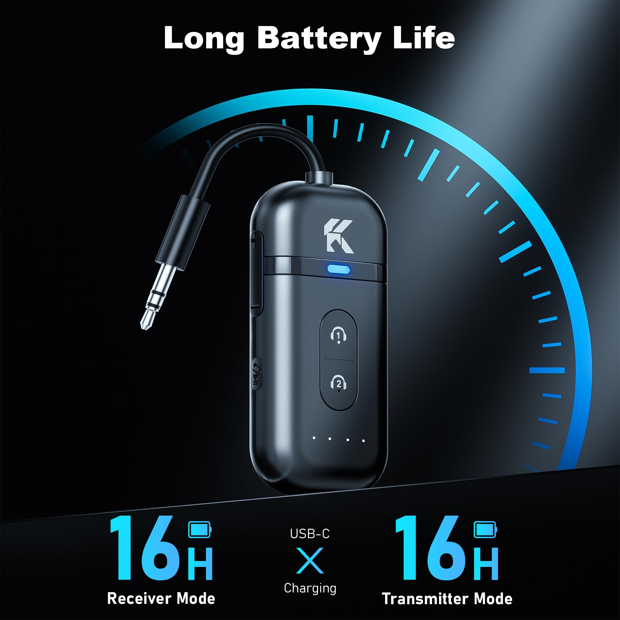 2026 Upgraded Bluetooth 5.4 Transmitter Receiver, 2-in-1 Airplane Bluetooth Adapter, Dual Device Pairing, with 3.5mm Aux Audio Jack for Travel, Aviation, Television, AirPods, Car — view 4