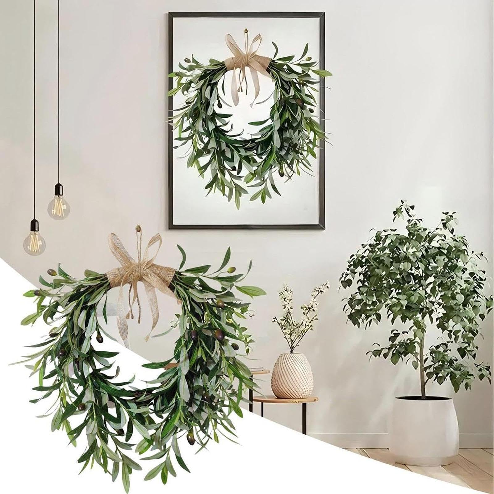 Künstlicher Olivenkranz Grünkranz Dekokranz Wandbehang Frühlingskranz mit Realistischer Optik Ohne Verwelken Aus für Feste Und Als Wandsch, 50cmx48cm
