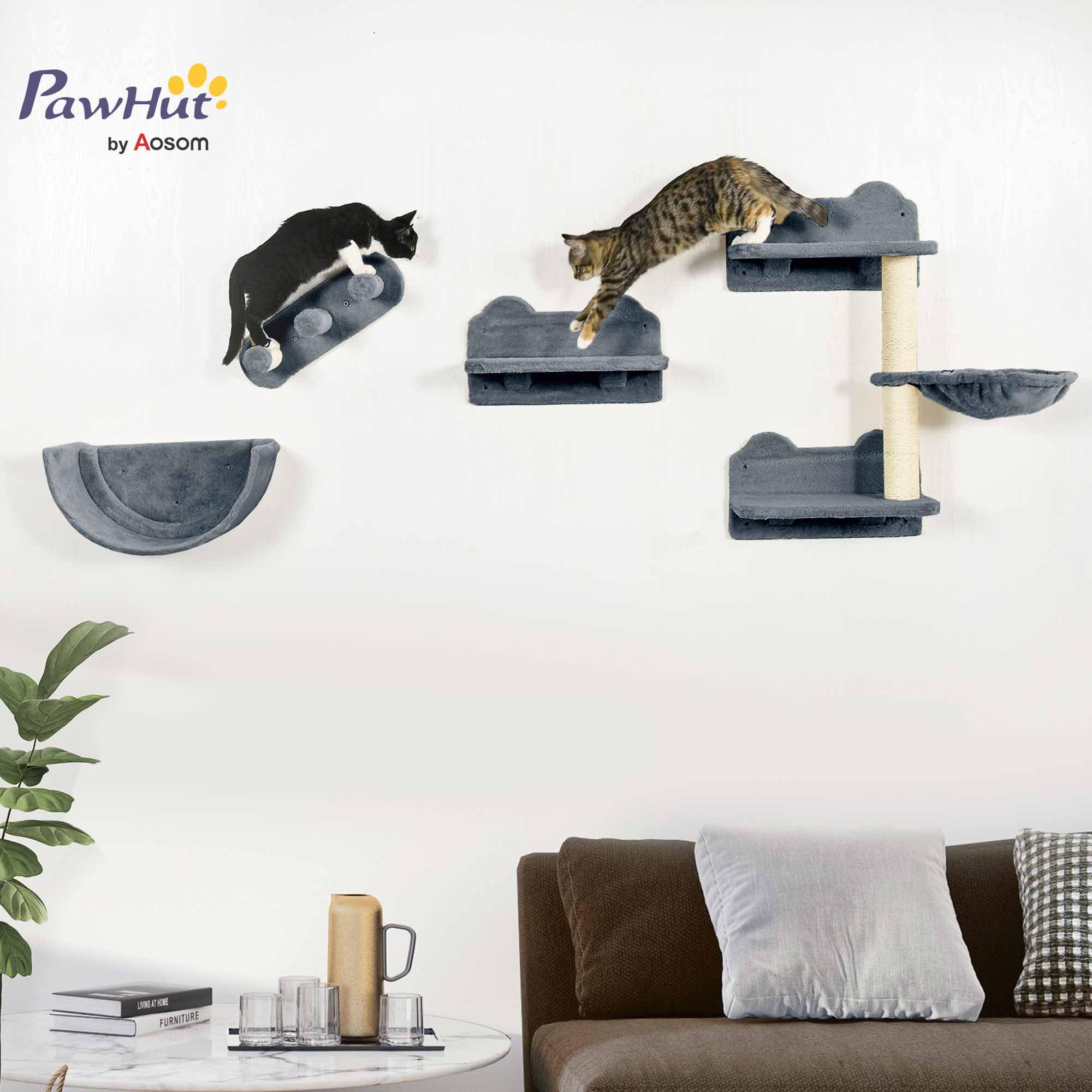 PawHut Estante de Escalada para Gatos de Pared con Hamaca 4 Piezas Gris | Juego de Estantes para Gatos, Nido Rascador, Plataformas para Saltar, Poste de Sisal