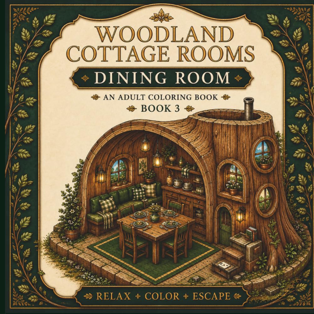 Woodland Cottage Rooms: Dining Room: 50 Whimsical Forest Dining Room Coloring Pages for Adults | Cottagecore Interior Scenes (Woodland Cottage Rooms Coloring Book)