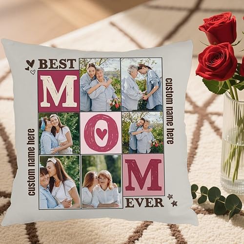 Miniatura 5 de Personalized Pillow Cover Combining 6 Images and Text for Mom, Cozy Throw Cushion Ideal as a Heartfelt Gift for Family Holidays Special Occasions or