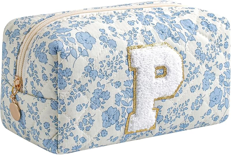 Necessaire de maquiagem Gleyemor com inicial personalizada, tecido de algodão azul floral