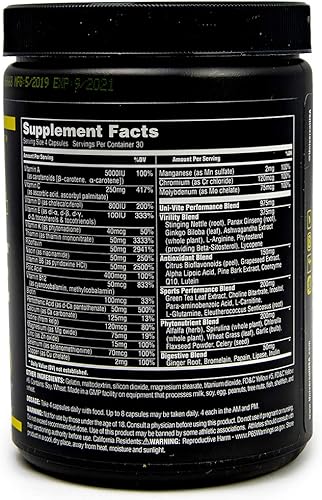 Miniatura 5 de Universal Nutrition Cápsulas Uni-Vite suministro de 30 días de vitaminas y minerales altamente potentes y eficaces 120 unidades
