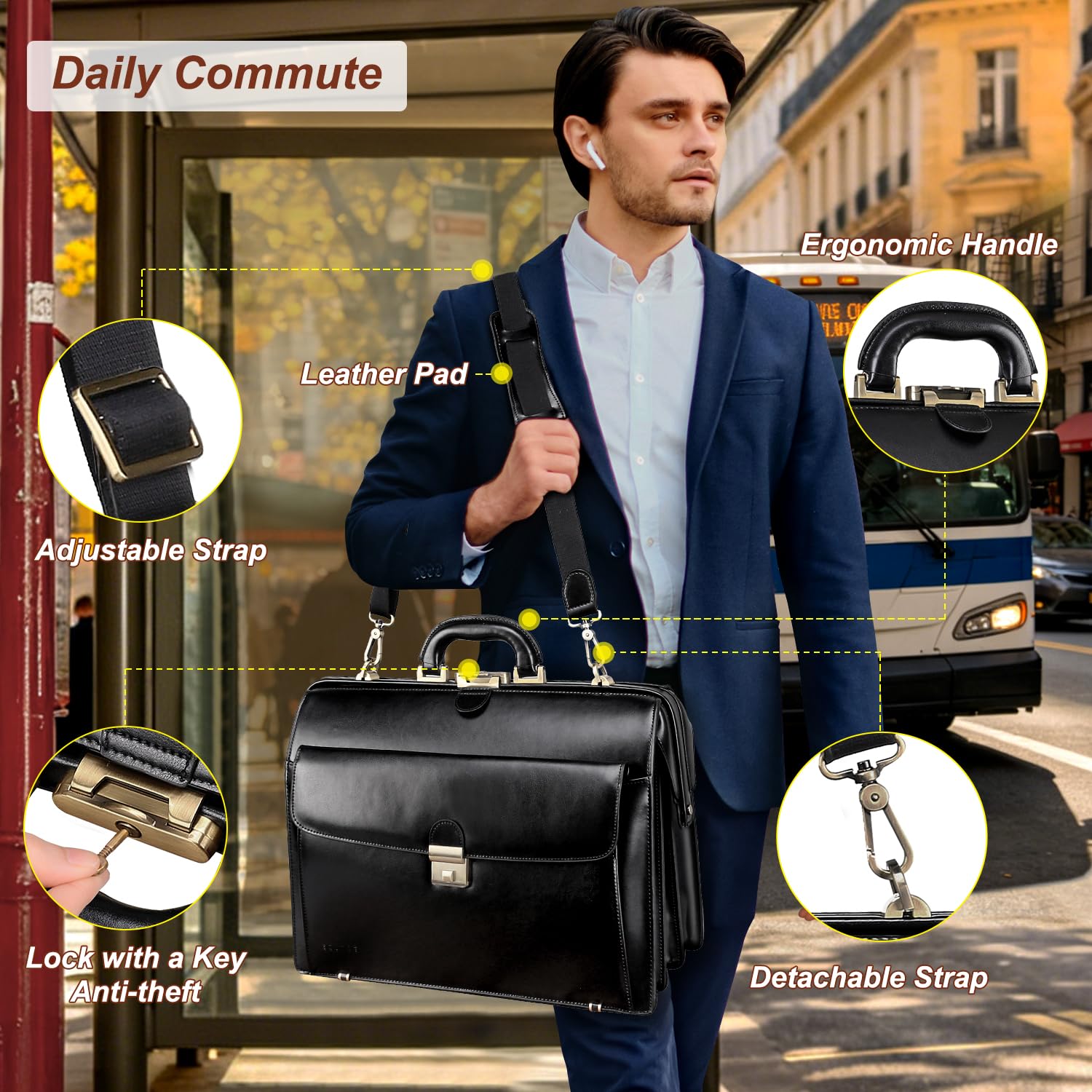 Banuce Cartella in pelle per gli uomini con serratura Avvocato Avvocato Litigator Bag 15.6 Laptop Attache Case Hard Doctor Style Bag