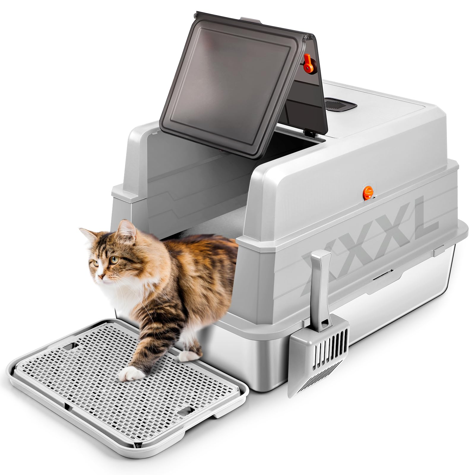 Bartuke XXXL Stainless Steel Litter Box with Lid, Extra Large 28" L x 20" W x 17" H Enclosed Metal Cat Litter Box with Litter Scoop & Foot Pedal, Odor