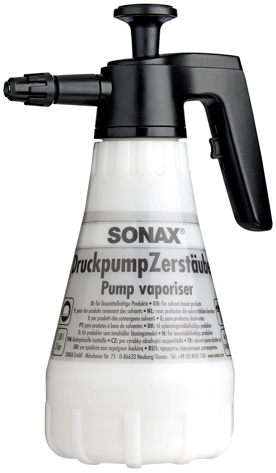 SonaxPump Vaporiser Solvent Resistant (1 Piece) - The Spray Bottle Ensures Accurate Application of Solvent-Based Detergents and Cleaning Products. 1 Litre | Item No. 04969000