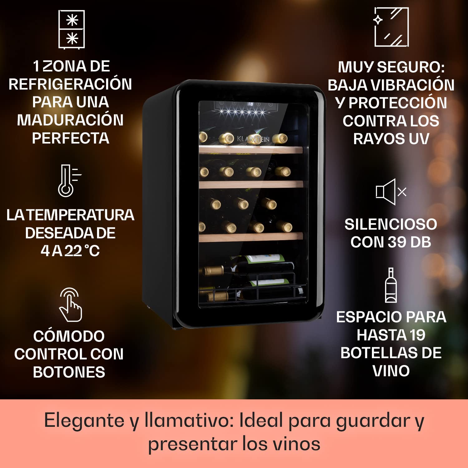 KLARSTEIN Vinoteca 19 Botellas, Nevera Vinos, Una Zona de Refrigeración, Nevera Expositora Vino y Cerveza, Vinoteca Interior y Exterior con Puerta de Cristal, Nevera Vino con Protección UV, 4-22°C