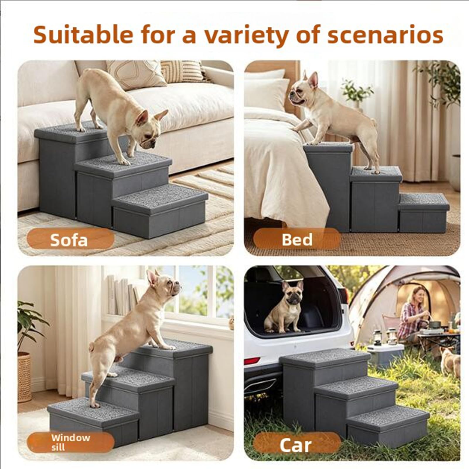 Scale per Cani 3 Gradini Pieghevoli Antiscivolo Grigio per Cani | Scaletta per Animali Domestici, Tessuto in Poliestere, Telaio Solido, Superficie Antiscivolo, Accesso a Letto e Divano, per