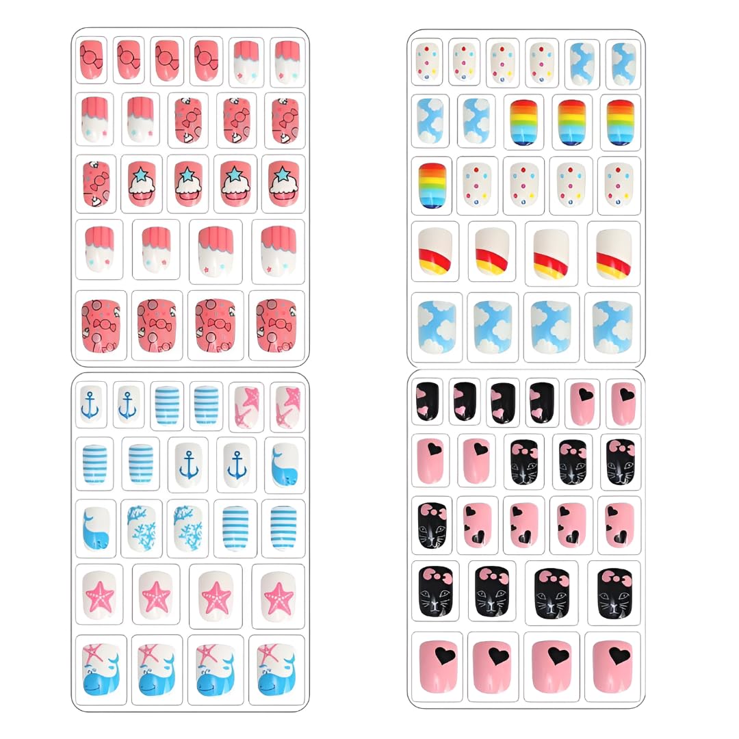Kids Stick on Nails, Kids False Nails Cartoon Press on Fake Nail Tip Children Artificial Nail Tips Kids Pre-glued Fake Nail for Girls Nails Art Decoration - 96 Pcs, Multi Color.-image-41