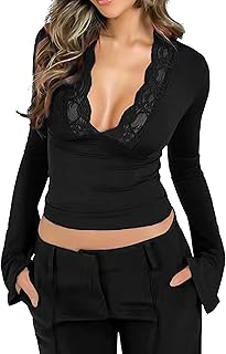 Women's Lace Crop Top - Long Flared Sleeves T-Shirt Deep V Neck Slim Fitted Shirt | Sexy Party Top for Club, Date Night & ...
